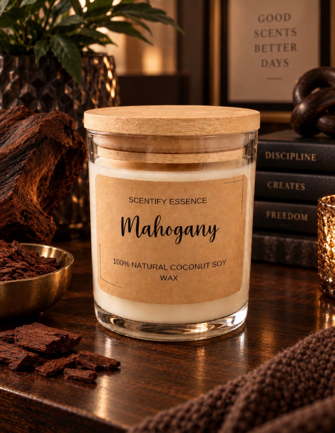 Mahogany coconut soy blend candle , new clear vessel 