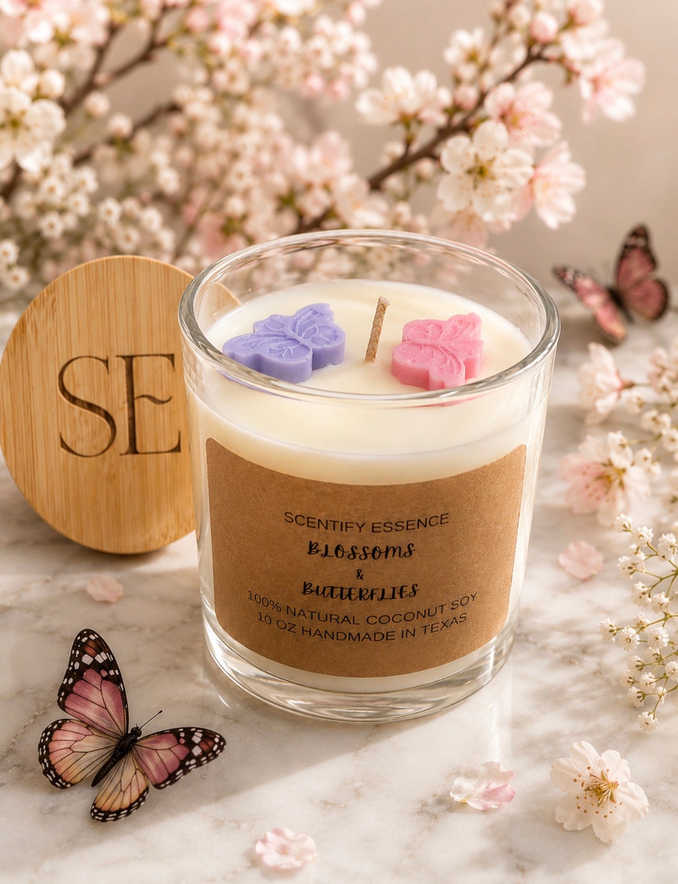 Blossom and Butterflies Luxury Soy Candle | Elegant Bold Floral Home Fragrance | Scentify Essence 10 oz new brand vessel