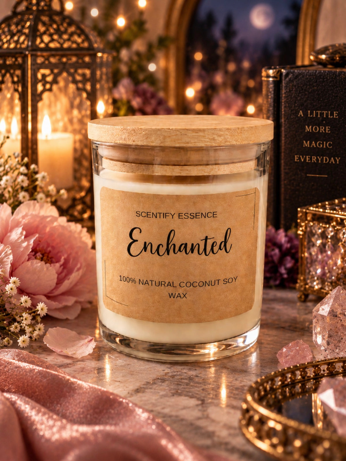 Enchanted Luxury Coconut Soy Candle – Fresh Linen, Cherry Blossom & Peach | Scentify Essence