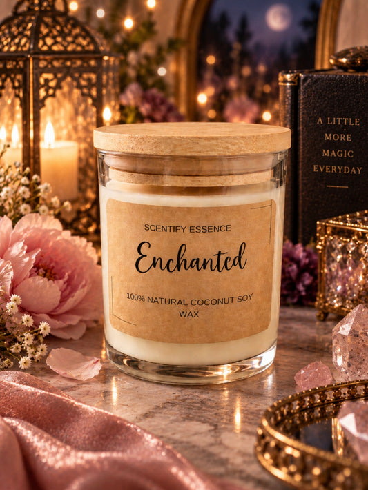 Enchanted Luxury Coconut Soy Candle – Fresh Linen, Cherry Blossom & Peach | Scentify Essence