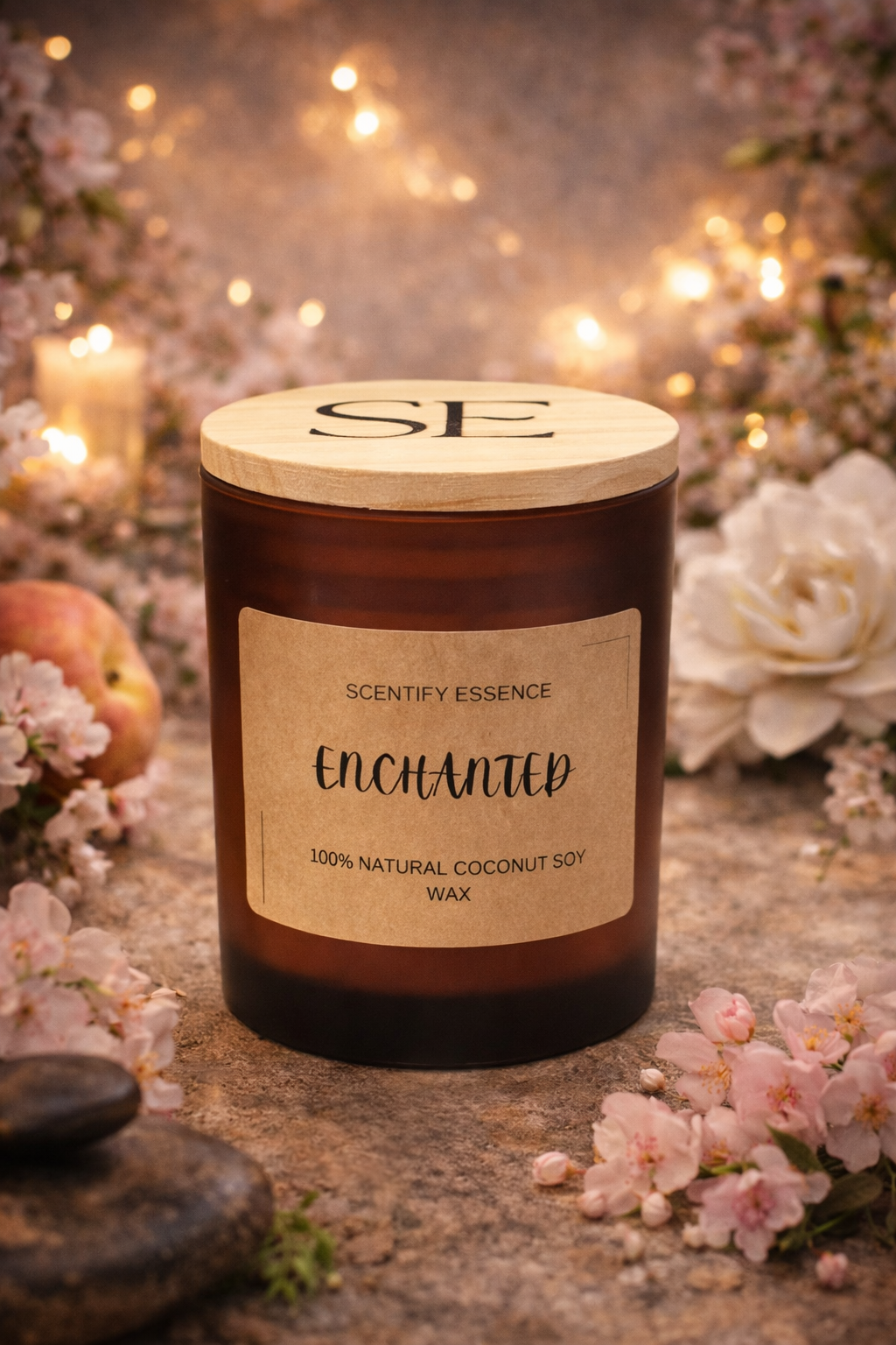 Enchanted Luxury Coconut Soy Candle – Fresh Linen, Cherry Blossom & Peach | Scentify Essence