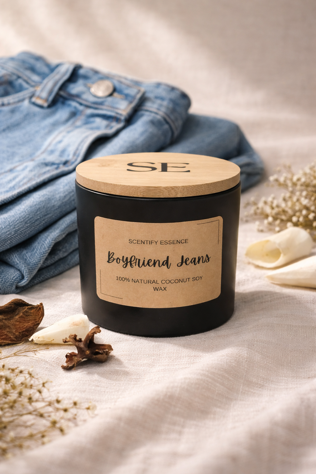 Boyfriend Jeans Luxury Candle – Fresh Floral & Clean Linen Coconut Soy Candle